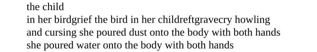 the child / in her bird grief the bird in her child reft grave cry howling / and cursing she poured dust onto the body with both hands / she poured water onto the body with both hands